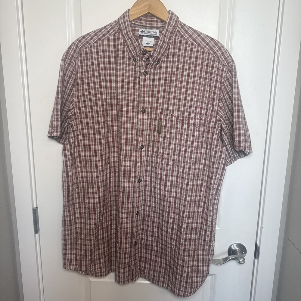 Columbia Shirt Mens 2XL Red Check Short Sleeve Button Up